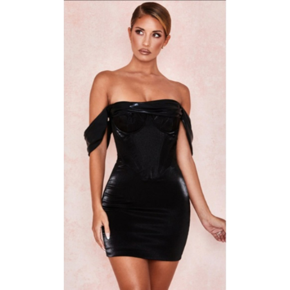 House of CB London Black Lucinda Dress Mini Bodycon Off Shoulder Size Large